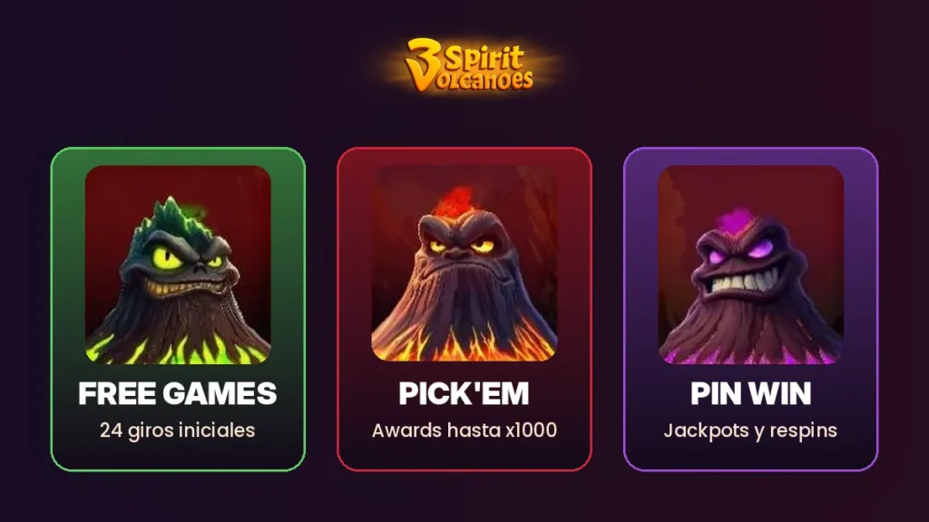 Los tres bonos de 3 Spirit Volcanoes: Free Games, Pick'em y Pin Win