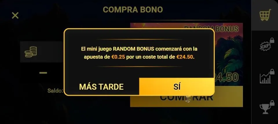 Confirmación de compra del Random Bonus en la demo de 3 Spirit Volcanoes