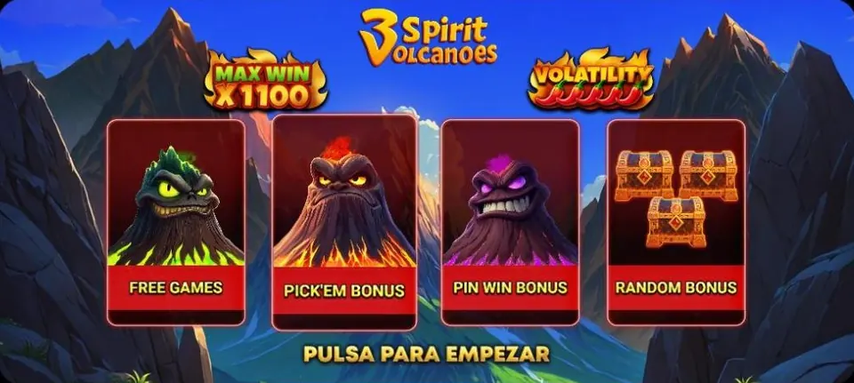 Pantalla de inicio de la demo de 3 Spirit Volcanoes con Max Win x1100