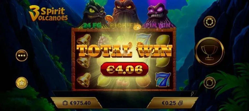 Pantalla Total Win al terminar los Free Games de 3 Spirit Volcanoes